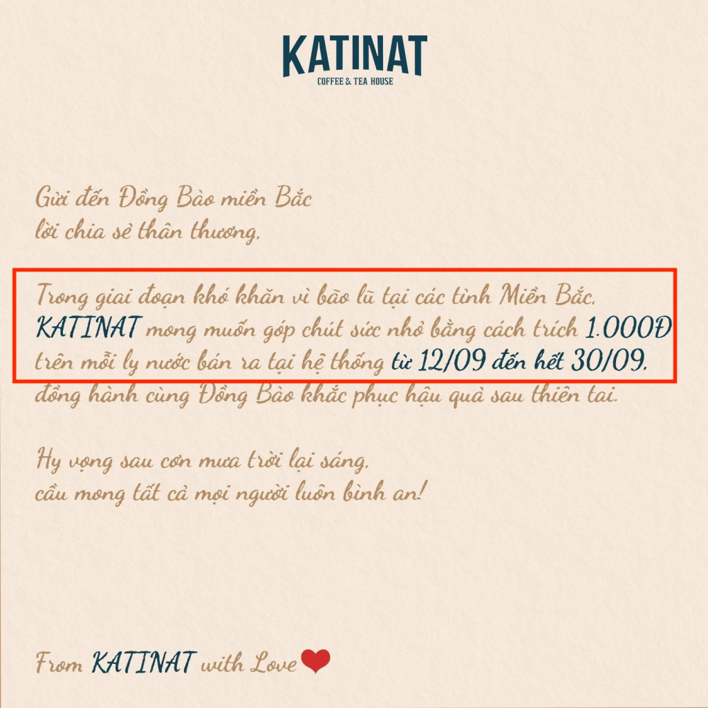 Hình ảnh thông báo trích 1.000 VNĐ để ủng hộ đồng bào miền Bắc của Katinat. 