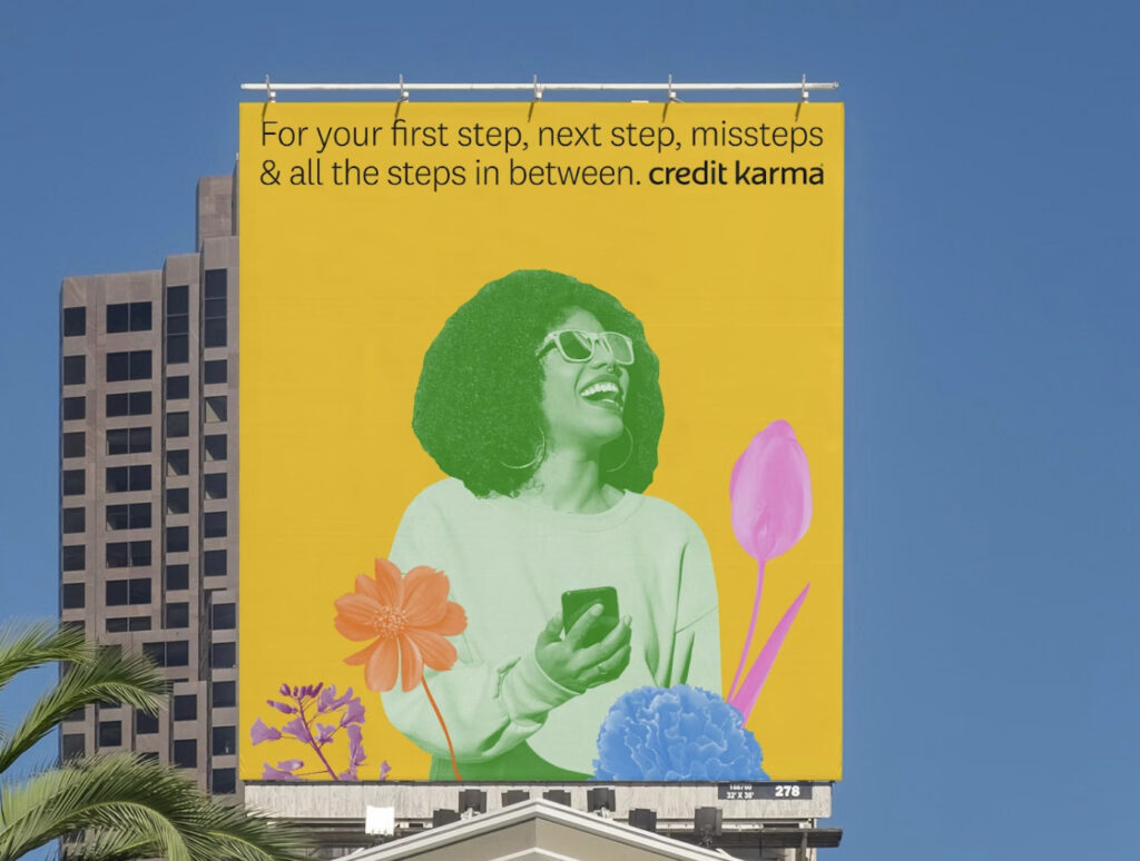 Thiết kế thương hiệu của Collins Agency cho Credit Karma – sử dụng phong cách scrapbook để kết nối với người tiêu dùng bằng sự chân thực và gần gũi. Ảnh: Looka