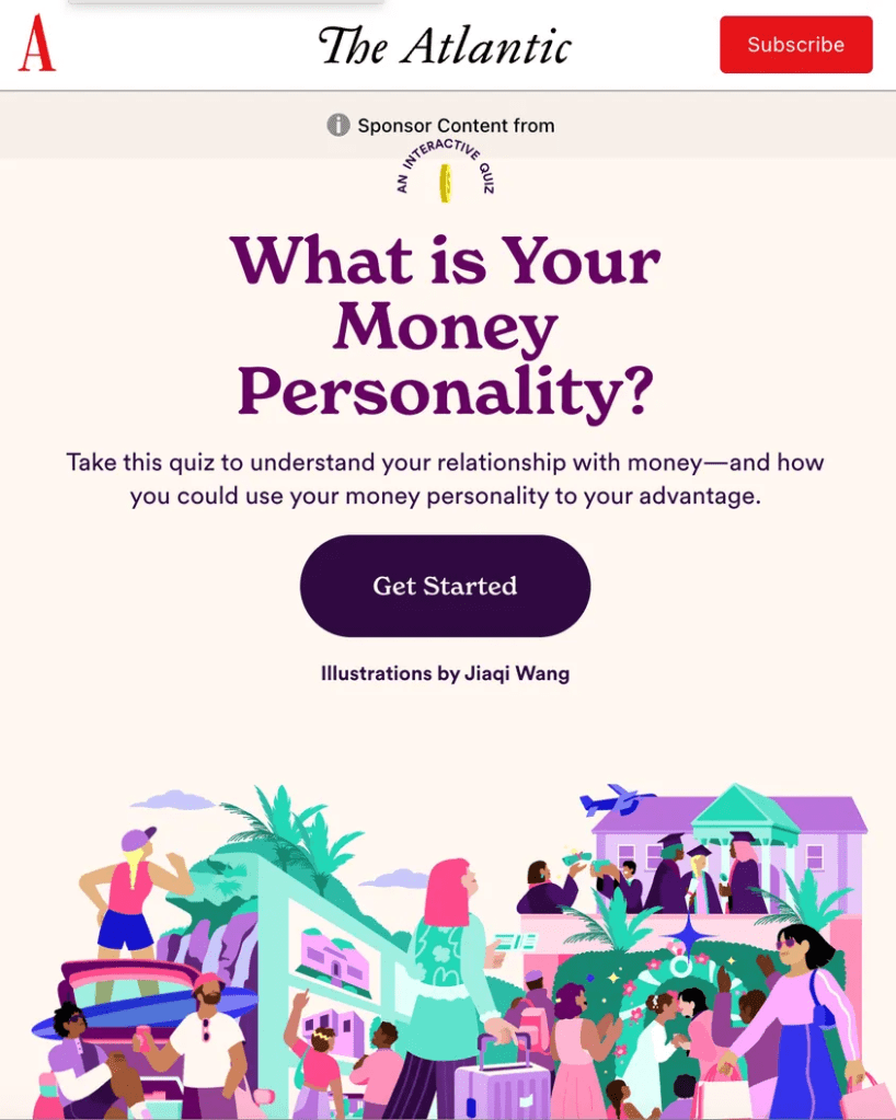 Ally Financial tích hợp bài kiểm tra tương tác sinh động trong chiến dịch Your Money Personality, giúp người dùng khám phá và tận dụng tính cách tài chính của mình. Nguồn: content marketing institute